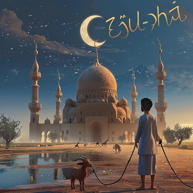 3d rendered photos of a mosque Muslim man with goat written EID ul ADHA on picture moon on top