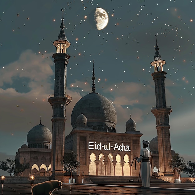 3d rendered photos of a mosque Muslim man with goat written EID ul ADHA on picture moon on top