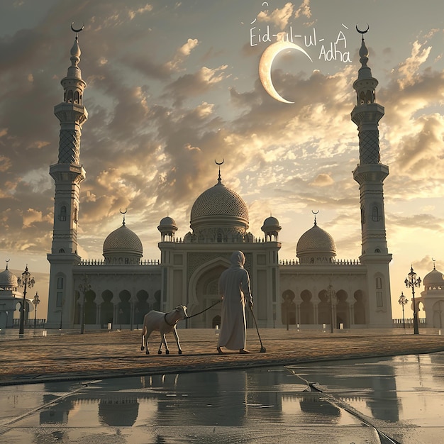 3d rendered photos of a mosque Muslim man with goat written EID ul ADHA on picture moon on top