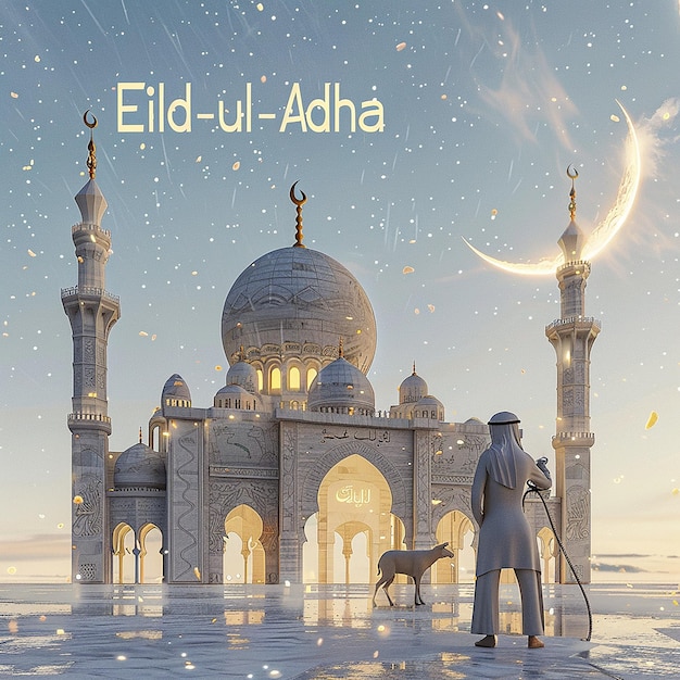 3d rendered photos of a mosque Muslim man with goat written EID ul ADHA on picture moon on top