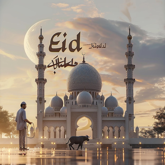 3d rendered photos of a mosque Muslim man with goat written EID ul ADHA on picture moon on top