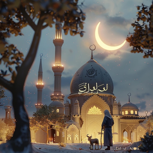 3d rendered photos of a mosque Muslim man with goat written EID ul ADHA on picture moon on top