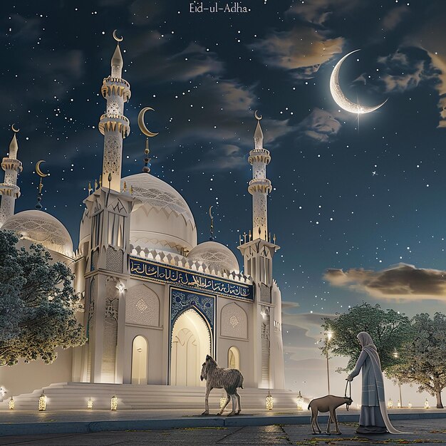 3d rendered photos of a mosque Muslim man with goat written EID ul ADHA on picture moon on top