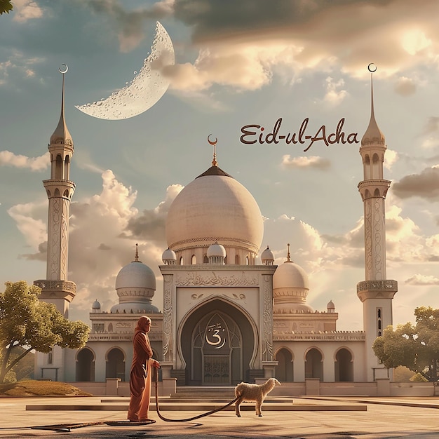 3d rendered photos of a mosque Muslim man with goat written EID ul ADHA on picture moon on top