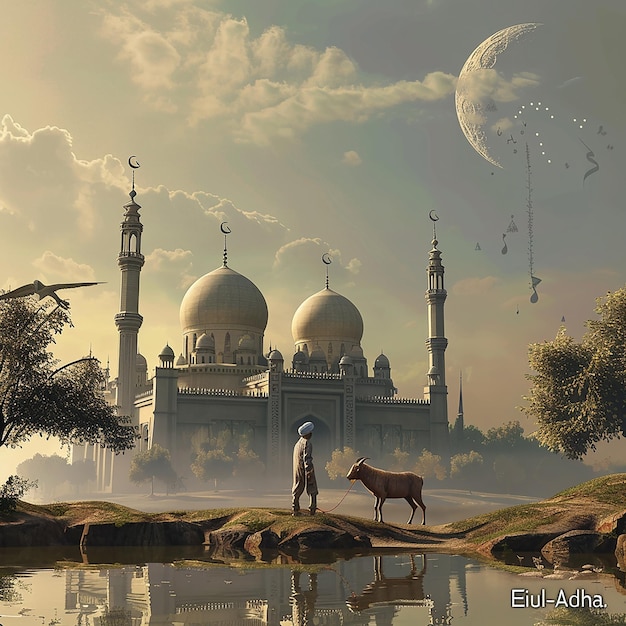 3d rendered photos of a mosque Muslim man with goat written EID ul ADHA on picture moon on top