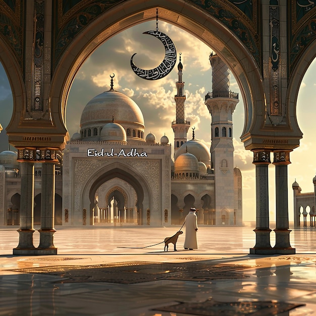 3d rendered photos of a mosque Muslim man with goat written EID ul ADHA on picture moon on top