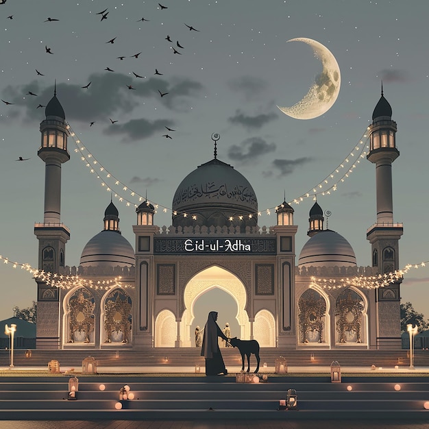 3d rendered photos of a mosque Muslim man with goat written EID ul ADHA on picture moon on top