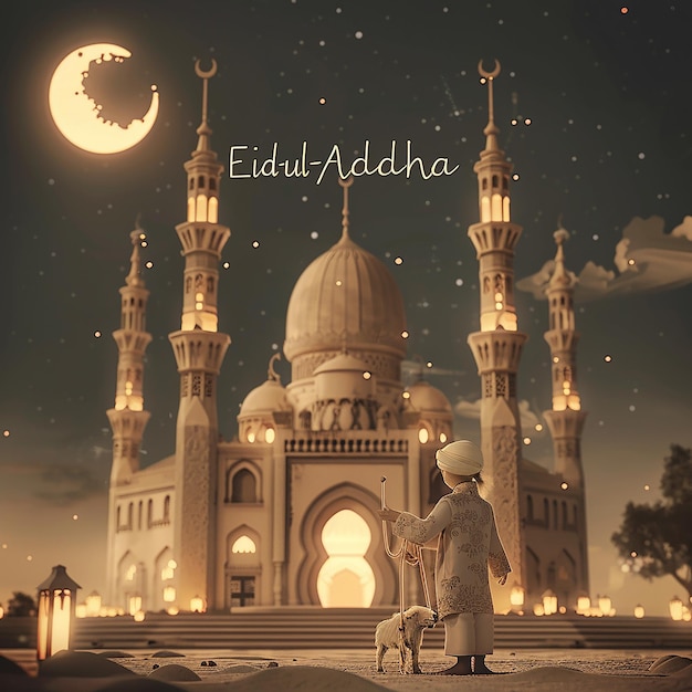 3d rendered photos of a mosque Muslim man with goat written EID ul ADHA on picture moon on top