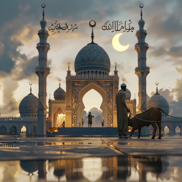 3d rendered photos of a mosque Muslim man with goat written EID ul ADHA on picture moon on top