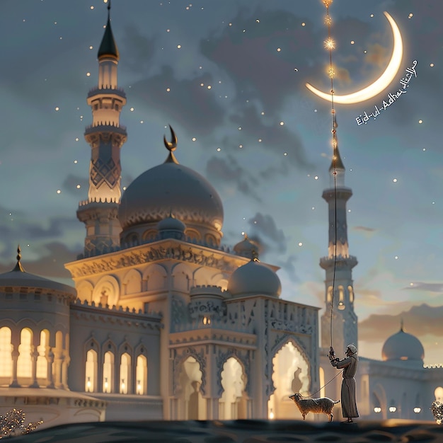 3d rendered photos of a mosque Muslim man with goat written EID ul ADHA on picture moon on top