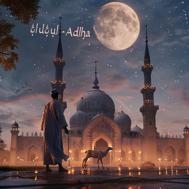 3d rendered photos of a mosque Muslim man with goat written EID ul ADHA on picture moon on top