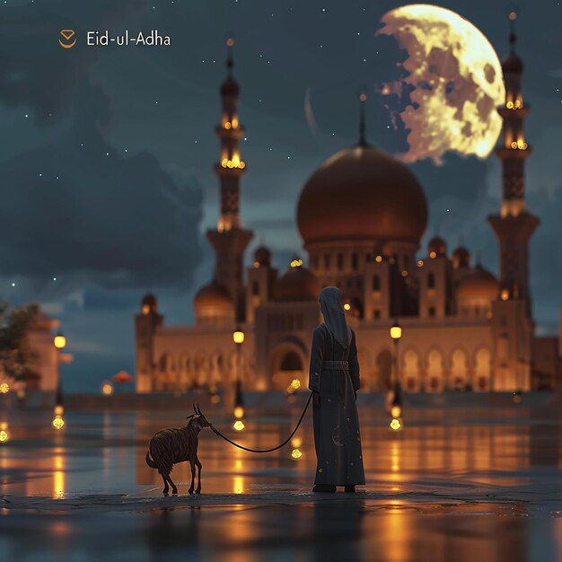 3d rendered photos of a mosque Muslim man with goat written EID ul ADHA on picture moon on top