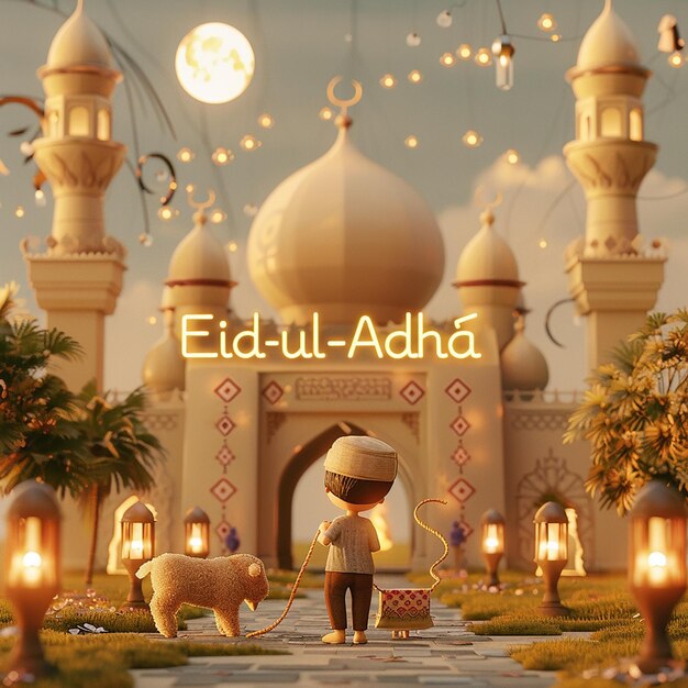 3d rendered photos of a mosque Muslim man with goat written EID ul ADHA on picture moon on top