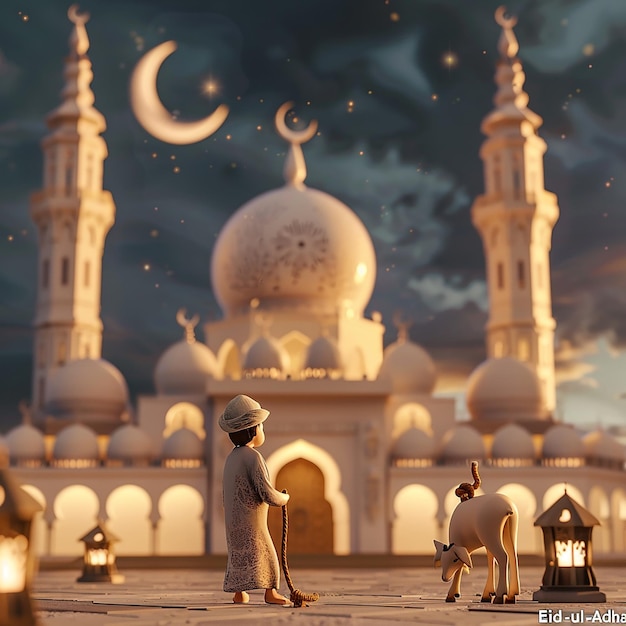 3d rendered photos of a mosque Muslim man with goat written EID ul ADHA on picture moon on top