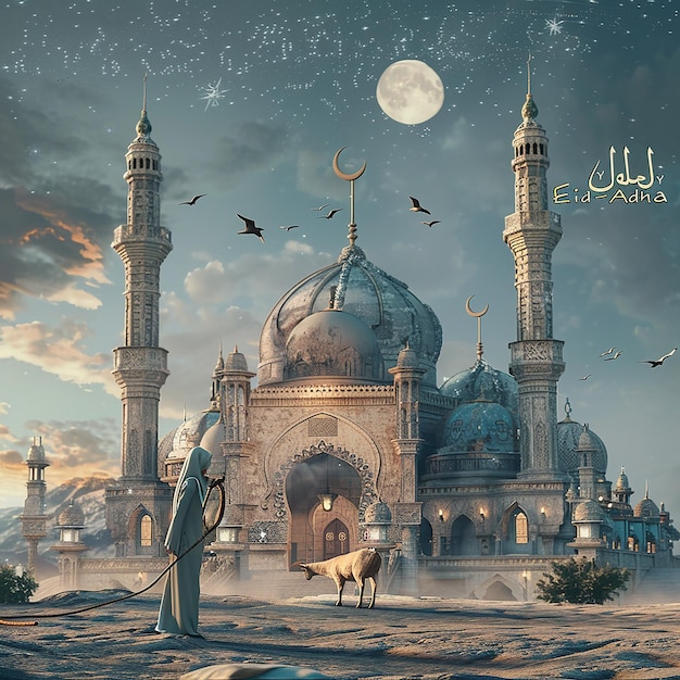 3d rendered photos of a mosque Muslim man with goat written EID ul ADHA on picture moon on top