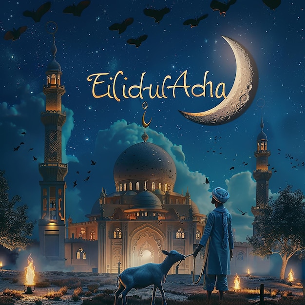 3d rendered photos of a mosque Muslim man with goat written EID ul ADHA on picture moon on top