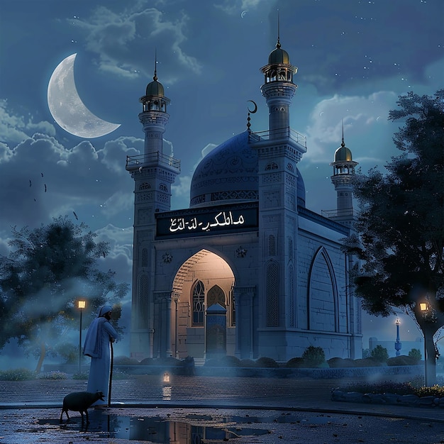 3d rendered photos of a mosque Muslim man with goat written EID ul ADHA on picture moon on top