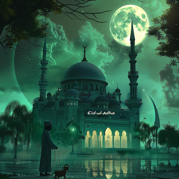 3d rendered photos of a mosque Muslim man with goat written EID ul ADHA on picture moon on top