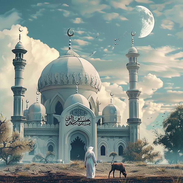 3d rendered photos of a mosque Muslim man with goat written EID ul ADHA on picture moon on top