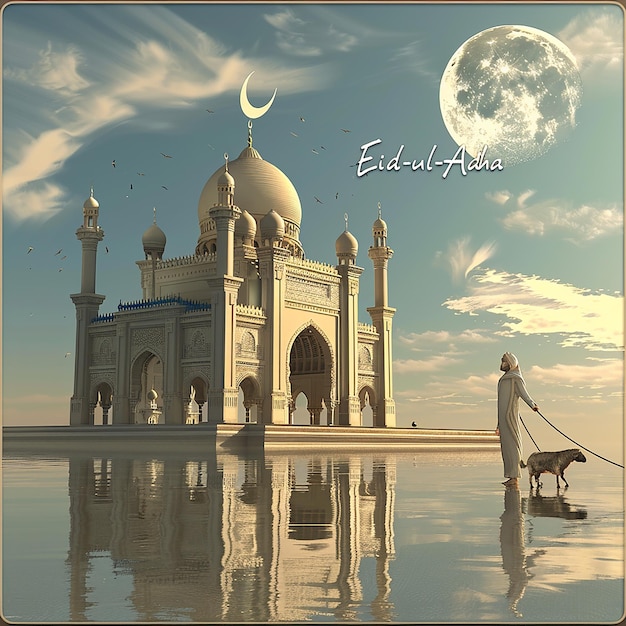 3d rendered photos of a mosque Muslim man with goat written EID ul ADHA on picture moon on top