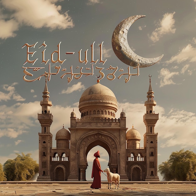 3d rendered photos of a mosque Muslim man with goat written EID ul ADHA on picture moon on top