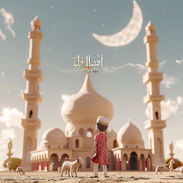 3d rendered photos of a mosque Muslim man with goat written EID ul ADHA on picture moon on top