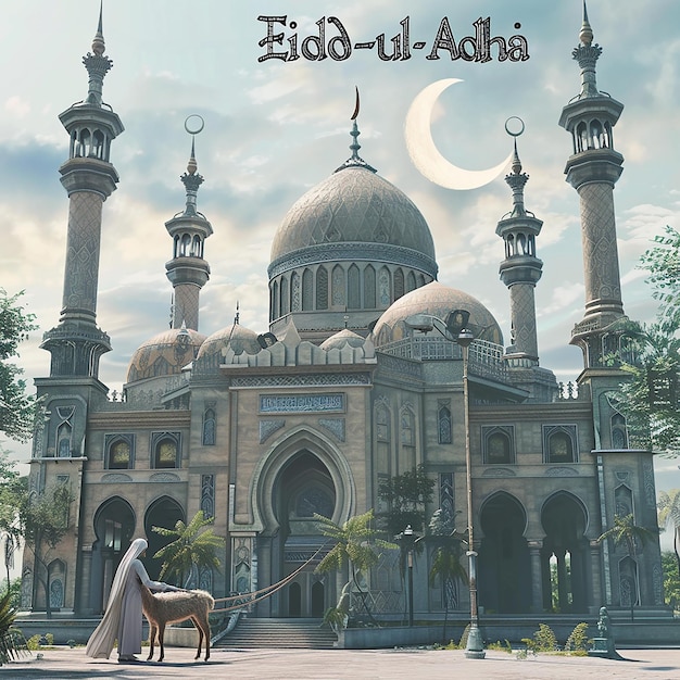 3d rendered photos of a mosque Muslim man with goat written EID ul ADHA on picture moon on top