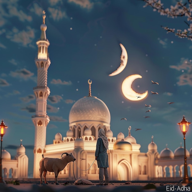 3d rendered photos of a mosque Muslim man with goat written EID ul ADHA on picture moon on top