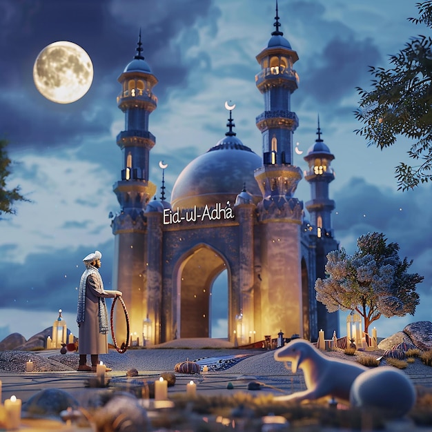 3d rendered photos of a mosque Muslim man with goat written EID ul ADHA on picture moon on top