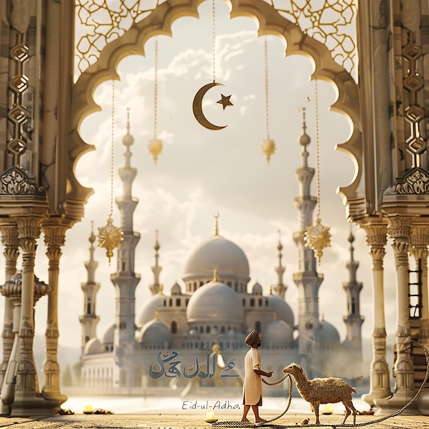 3d rendered photos of a mosque Muslim man with goat written EID ul ADHA on picture moon on top