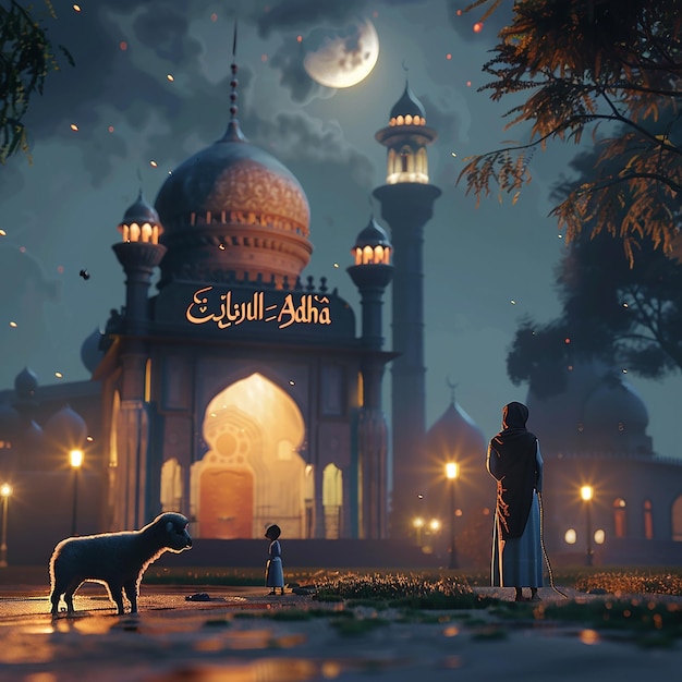 3d rendered photos of a mosque Muslim man with goat written EID ul ADHA on picture moon on top