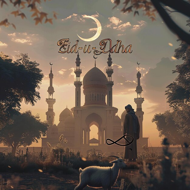 3d rendered photos of a mosque Muslim man with goat written EID ul ADHA on picture moon on top