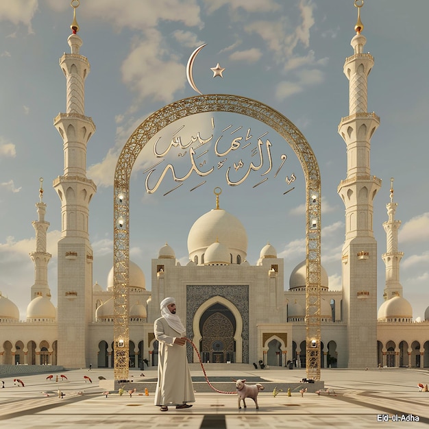 3d rendered photos of a mosque Muslim man with goat written EID ul ADHA on picture moon on top