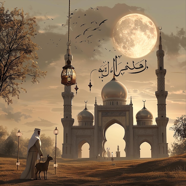 3d rendered photos of a mosque Muslim man with goat written EID ul ADHA on picture moon on top