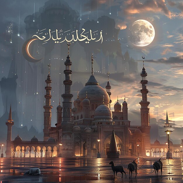 3d rendered photos of a mosque Muslim man with goat written EID ul ADHA on picture moon on top