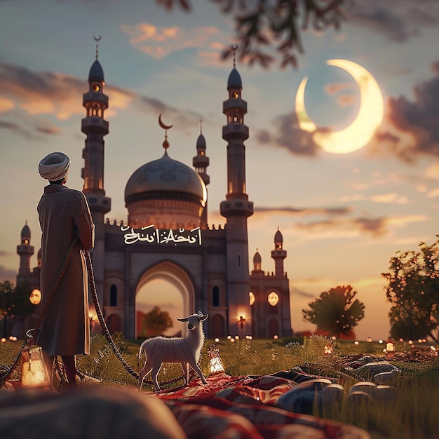 3d rendered photos of a mosque Muslim man with goat written EID ul ADHA on picture moon on top