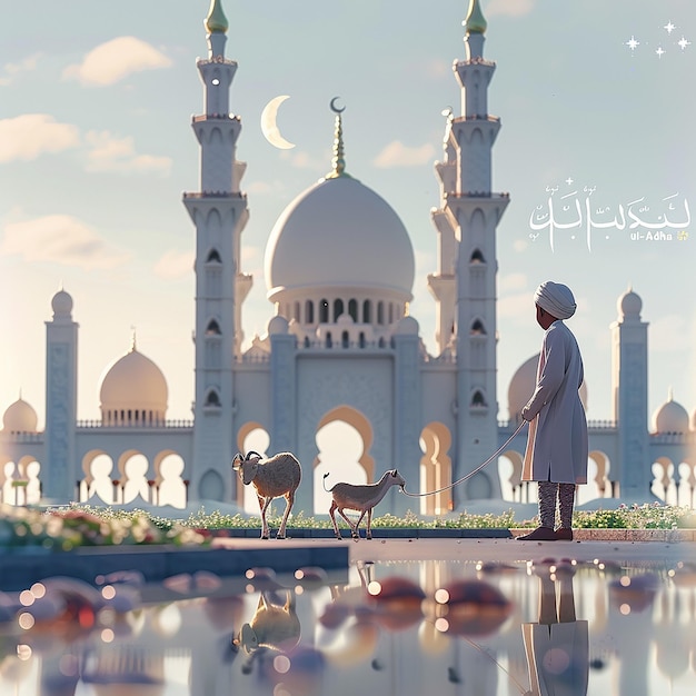 3d rendered photos of a mosque Muslim man with goat written EID ul ADHA on picture moon on top