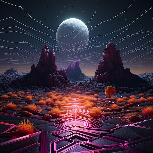 3d rendered photos of neon abstract geometric shapes night landscape with rocks and hills