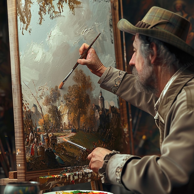 3d rendered photos of a painter painting with brushes on canvas highly detailed pictures