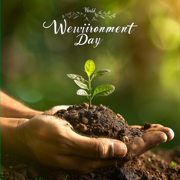 3d rendered photos of palm filled with soil small leafy green plant in soil world environment day