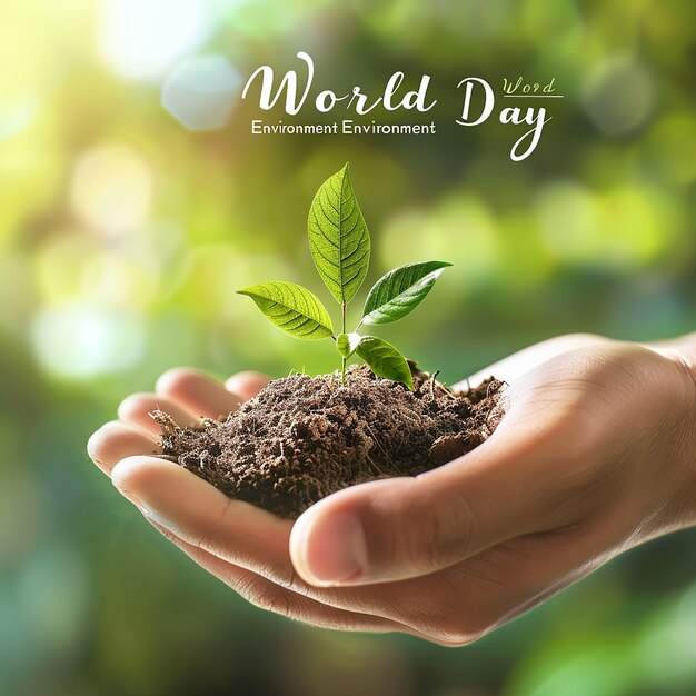 3d rendered photos of palm filled with soil small leafy green plant in soil world environment day