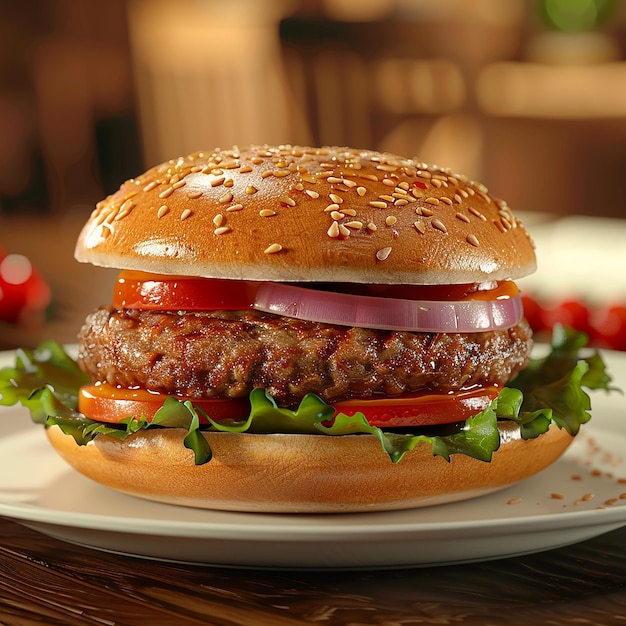 3d rendered photos of patty burger dish with beef patty tomatoes onion cabbage close view