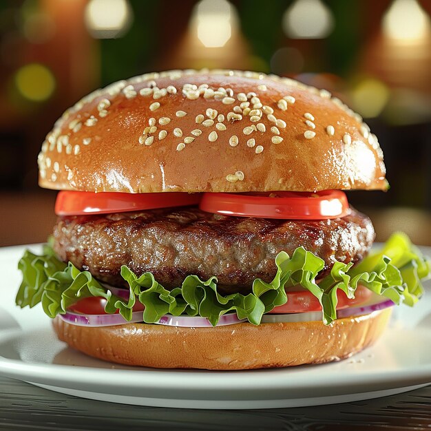 3d rendered photos of patty burger dish with beef patty tomatoes onion cabbage close view