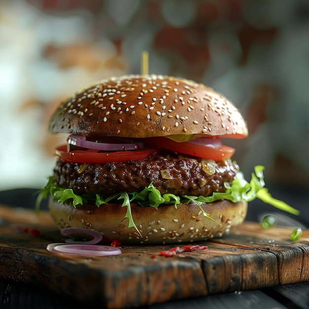 3d rendered photos of patty burger dish with beef patty tomatoes onion cabbage close view