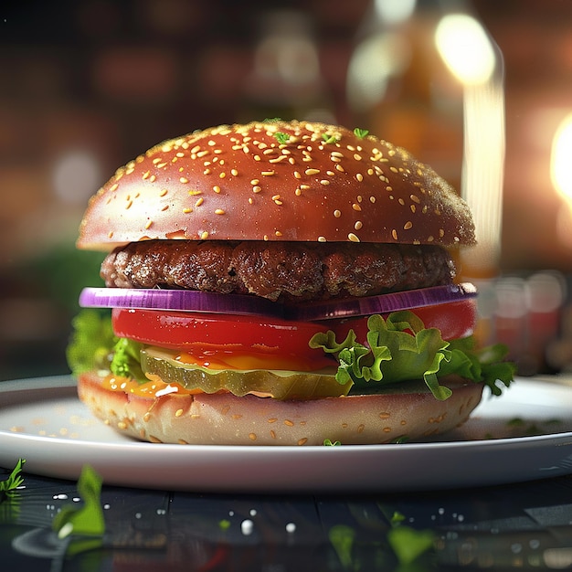 3d rendered photos of patty burger dish with beef patty tomatoes onion cabbage close view