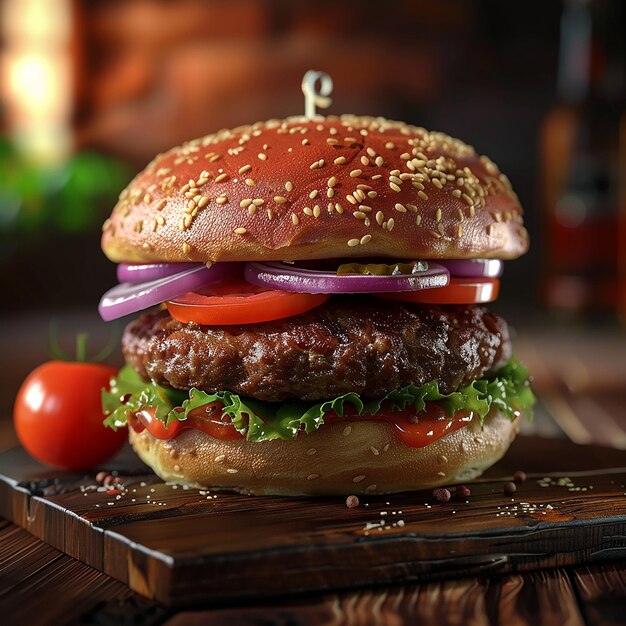 3d rendered photos of patty burger dish with beef patty tomatoes onion cabbage close view