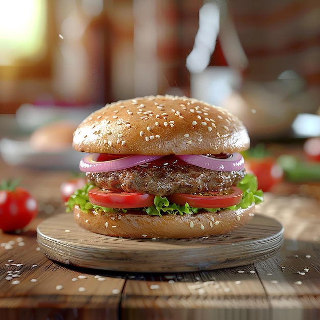 3d rendered photos of patty burger dish with beef patty tomatoes onion cabbage close view