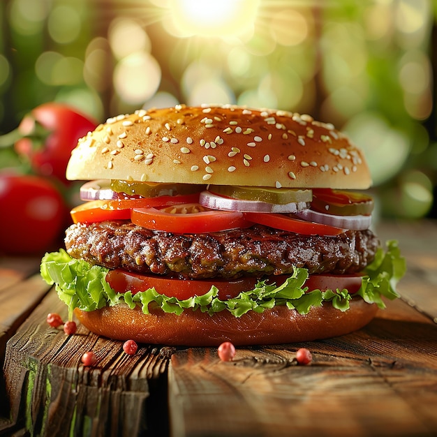 3d rendered photos of patty burger dish with beef patty tomatoes onion cabbage close view