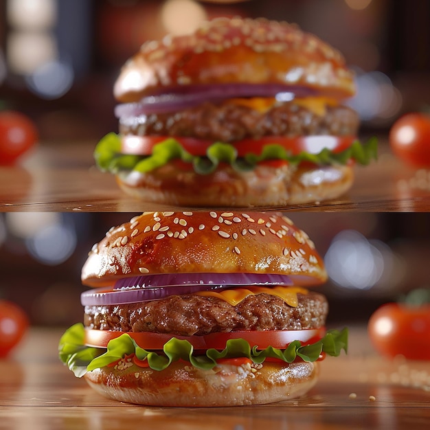 3d rendered photos of patty burger dish with beef patty tomatoes onion cabbage close view