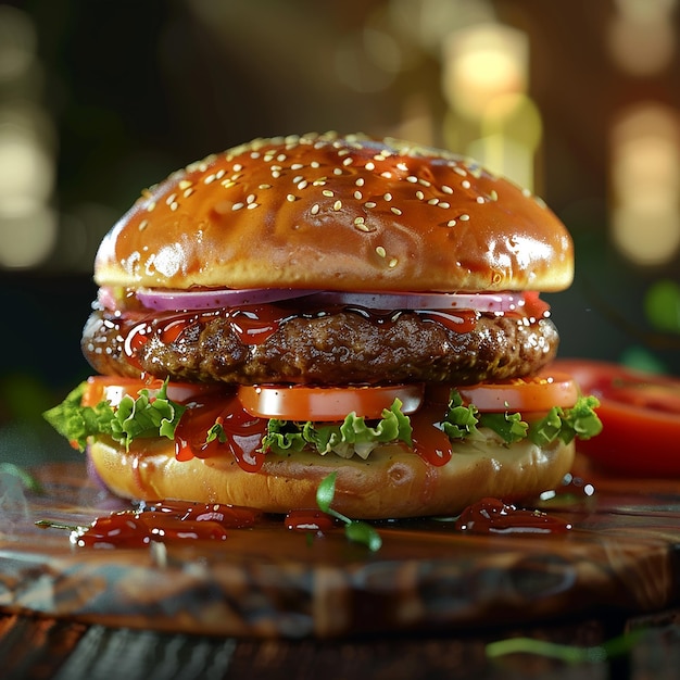 3d rendered photos of patty burger dish with beef patty tomatoes onion cabbage close view